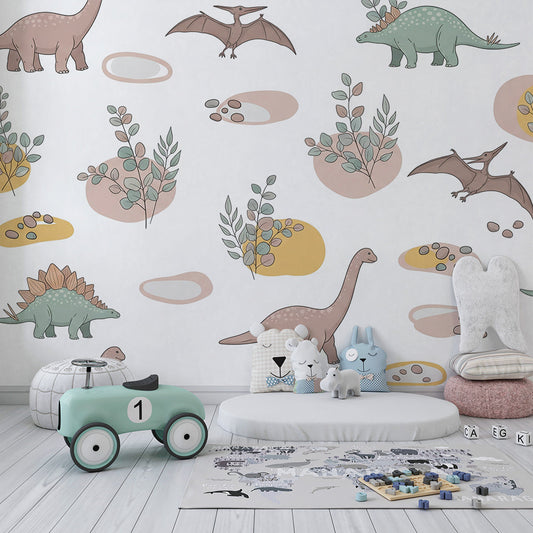 Kids-Mundo pastel dinosaur wall mural covering a kids' bedroom wall beside a wooden bed frame.