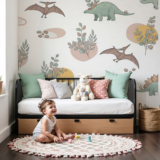 Kids-Mundo pastel dinosaur wall mural styled in a light nursery with white cot and soft rug.