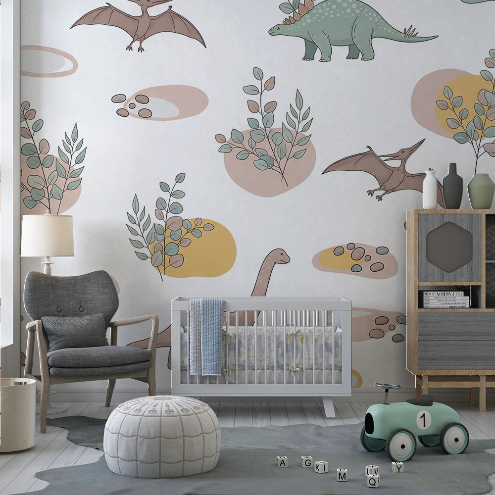 Kids-Mundo pastel dinosaur wall mural brightening a playroom reading corner with floor cushions.