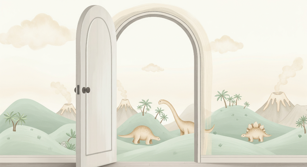Pastel Dinosaur Hills Arched Door Wall Mural