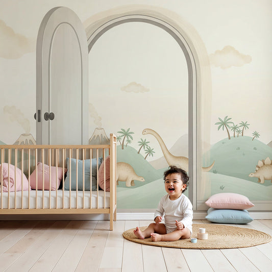 Kids-Mundo pastel dinosaur hills wall mural styled in a soft, calming nursery