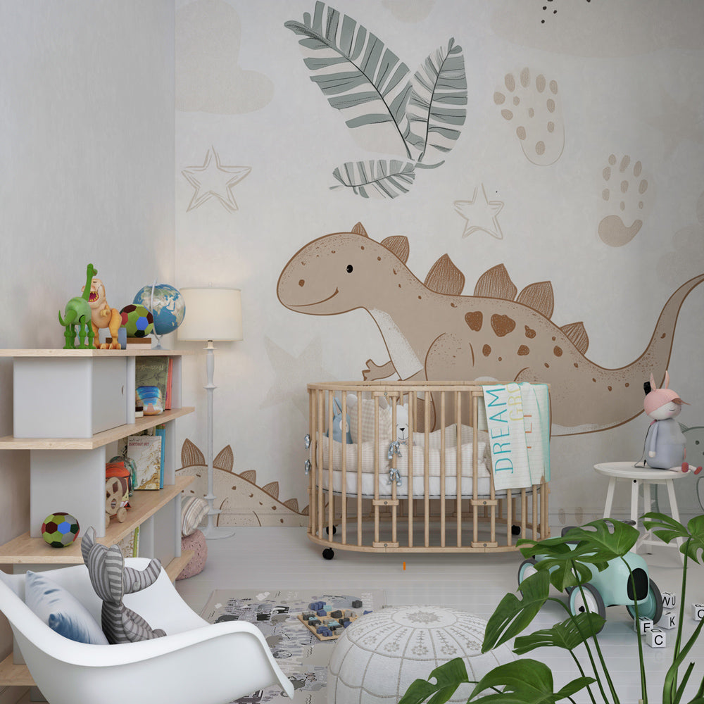 Kids-Mundo dinosaur wall mural featuring palm leaves and stars on a child's bedroom feature wall