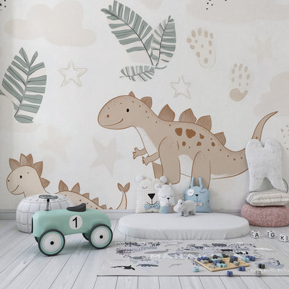 Kids-Mundo pastel dinosaur mural with tropical leaves decorating a bright playroom wall