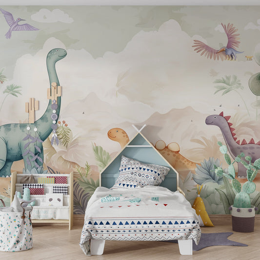 Watercolour dinosaur wall mural by Kids-Mundo styled on a kids bedroom wall