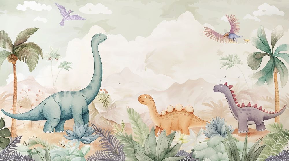 Pastel Watercolour Dinosaur and Palm Tree Wall Mural
