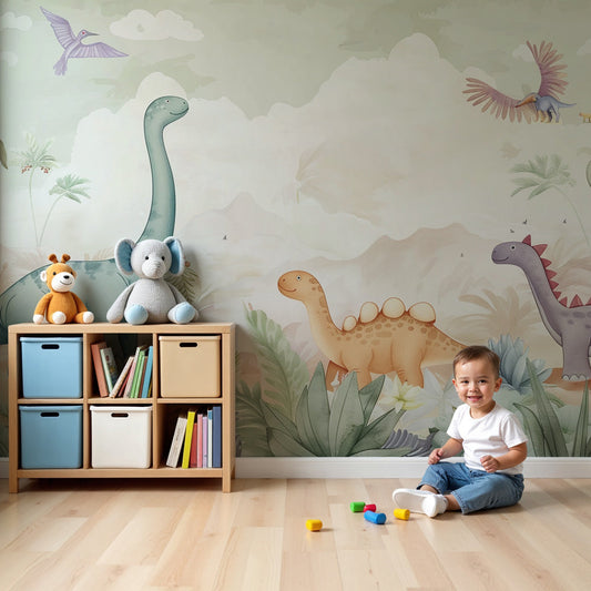 Kids-Mundo pastel dinosaur wall mural with palm trees in a soft nursery