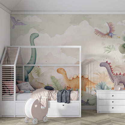 Kids-Mundo dinosaur wall mural with palms and birds in a playful playroom
