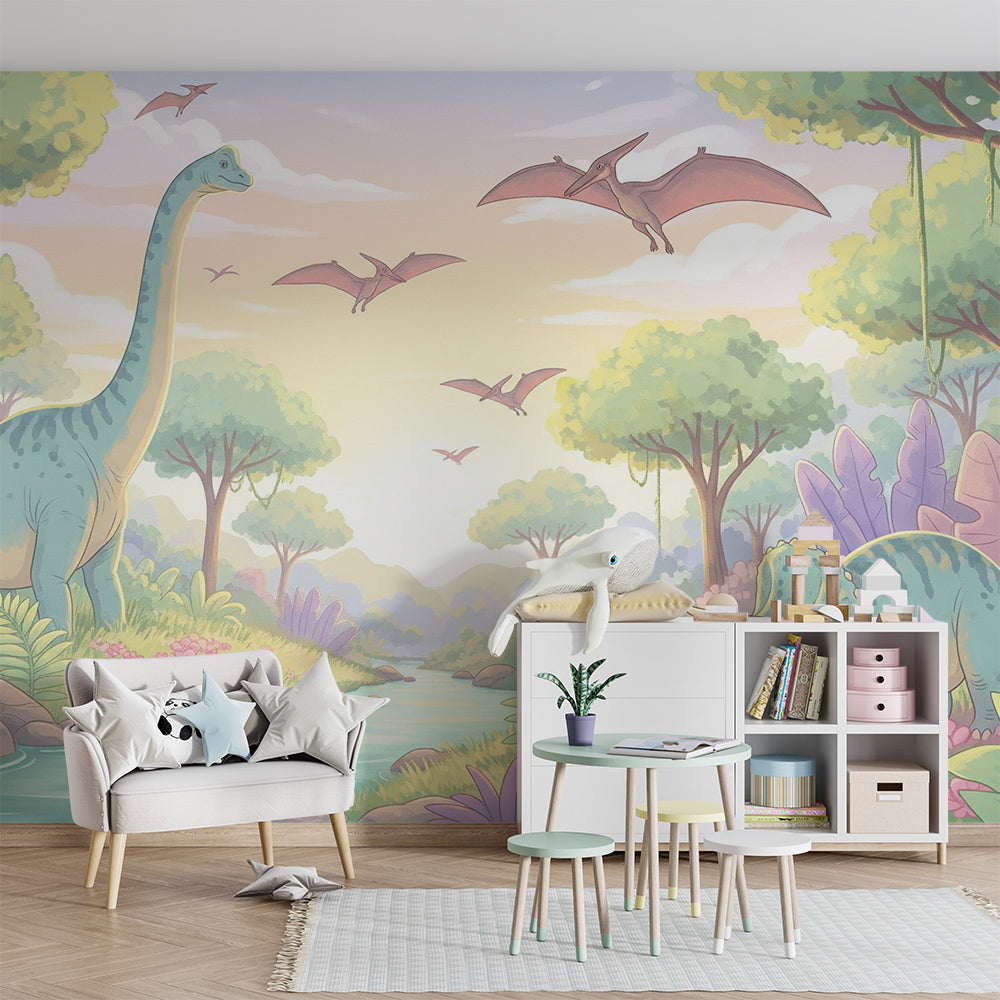 Kids-Mundo dinosaur valley wall mural brightening a child's bedroom behind a wooden bed frame.