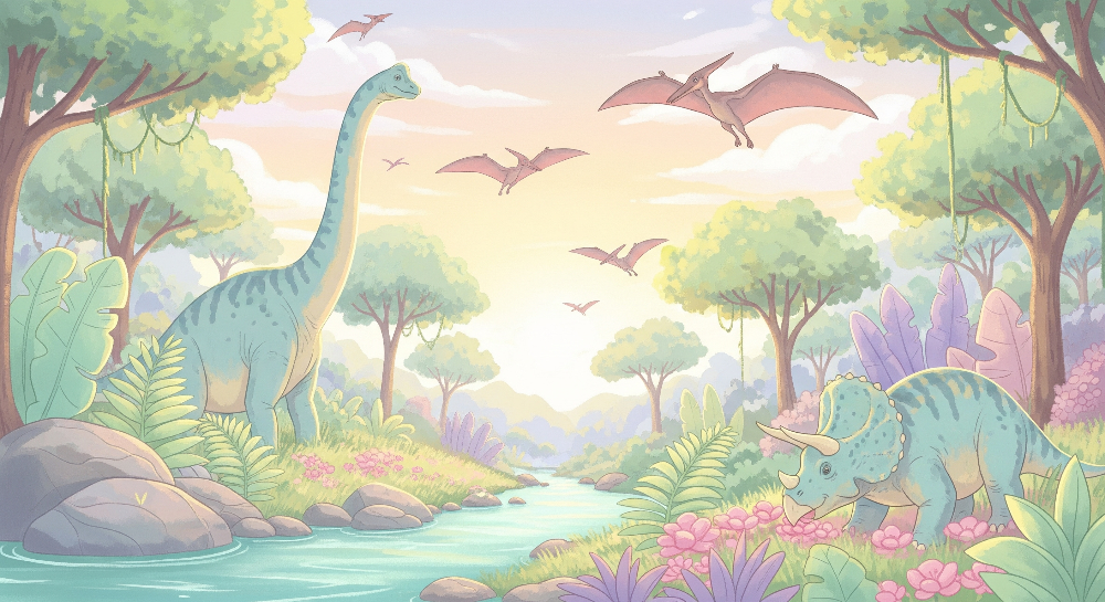 Pastel Dinosaur Valley with Pterodactyls Wall Mural
