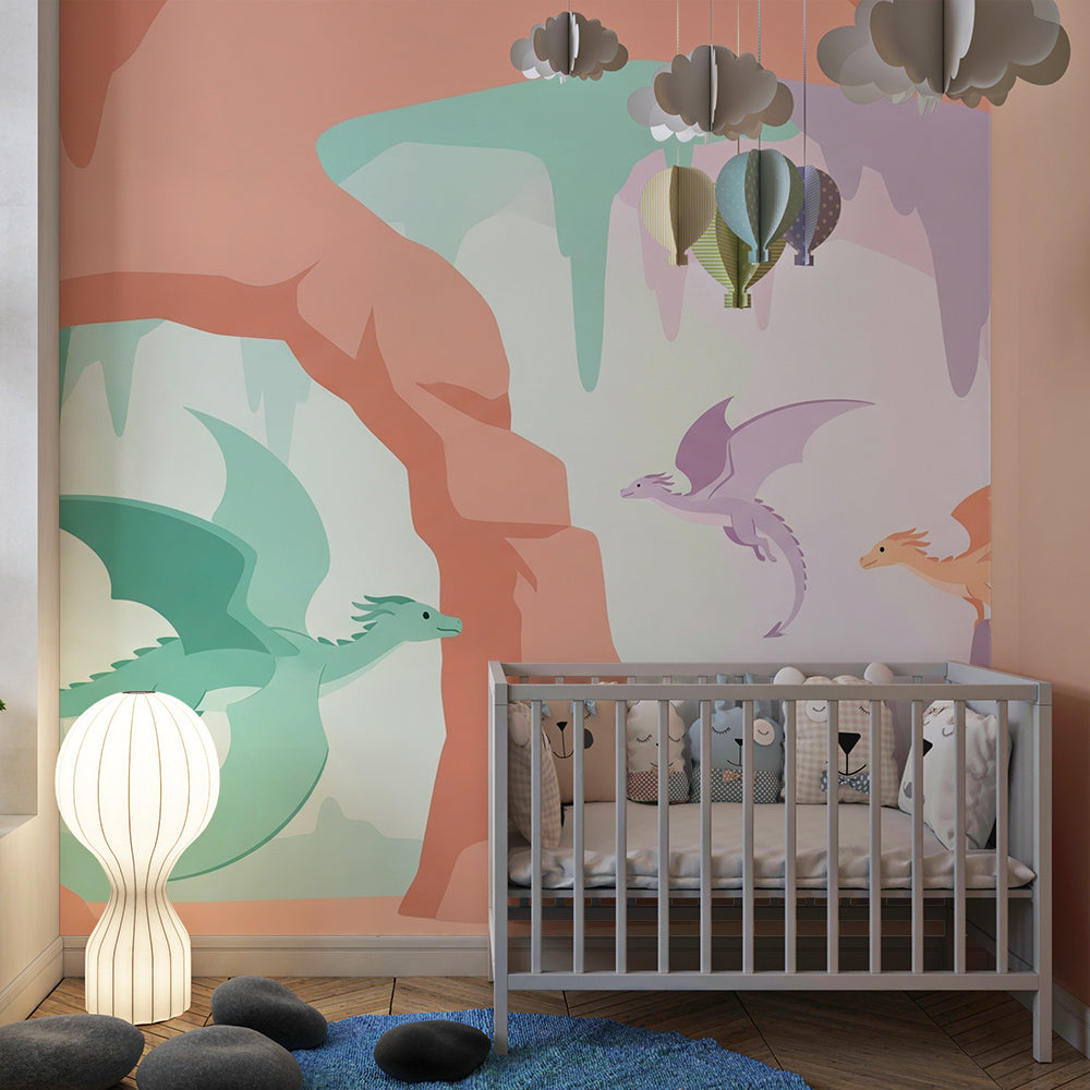 Kids-Mundo dragon wall mural with a glowing crystal cave styled on a kids bedroom wall