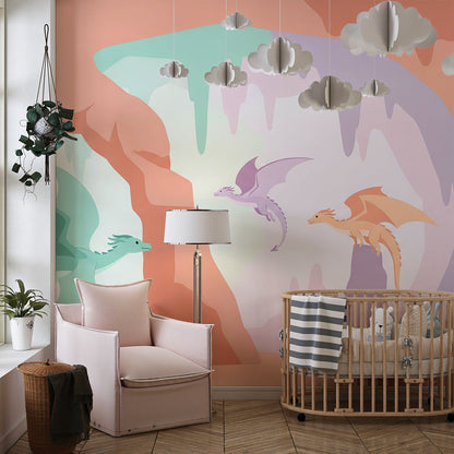 Kids-Mundo pastel dragon wall mural bringing a magical cave scene to a playroom