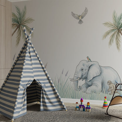 Kids-Mundo pastel elephant and friends mural on a feature wall in a children's bedroom