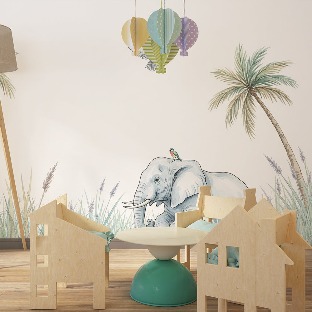 Kids-Mundo pastel jungle mural brightening a calm children's playroom wall