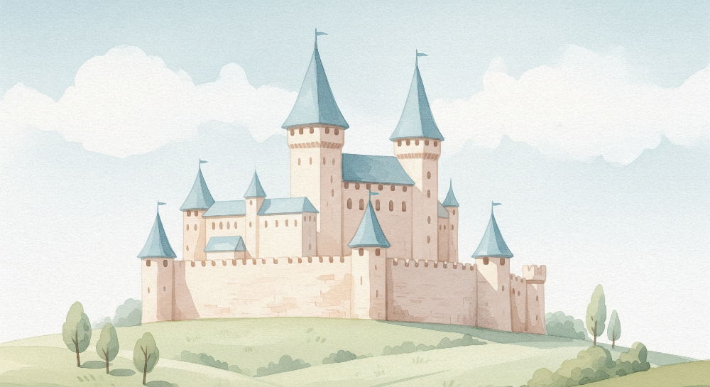 Kids-Mundo flat artwork of a pastel fairytale castle with blue turrets on green hills.