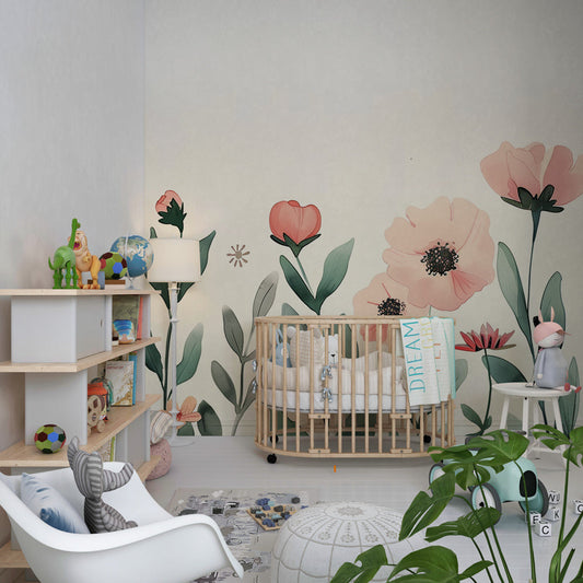 Kids-Mundo watercolour floral garden wall mural shown in a girl's kids bedroom