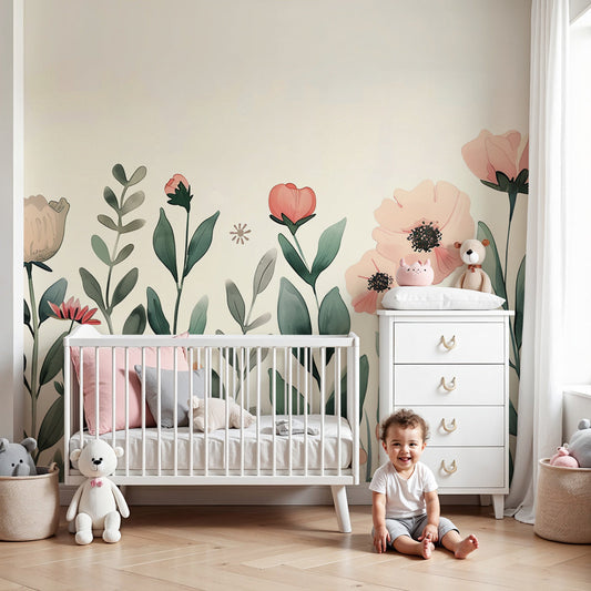 Kids-Mundo pastel floral wall mural styled as a soft feature wall in a blush pink nursery