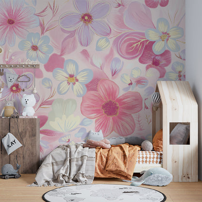 Pastel flowers wall mural by Kids-Mundo behind a bed in a girl's bedroom