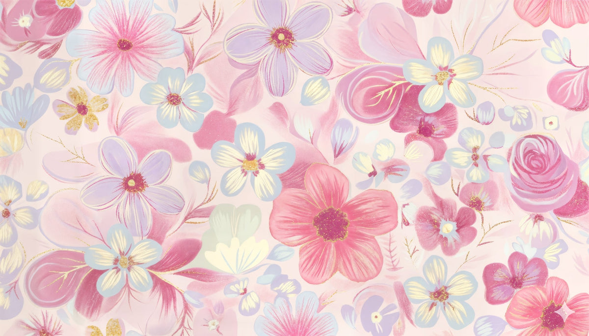 Pastel Floral Pattern with Golden Accents Wall Mural