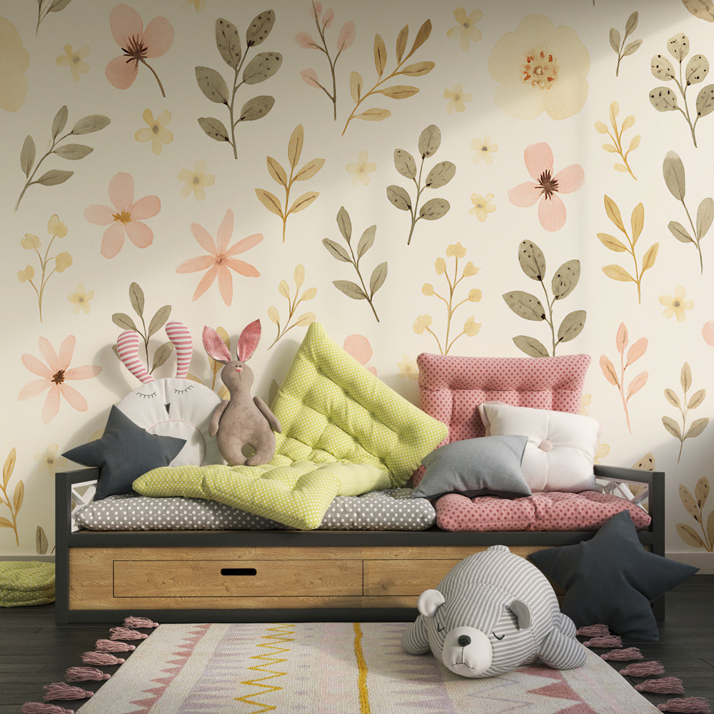 Watercolor flower wallpaper transforming modern kids bedroom with soft pink and green tones