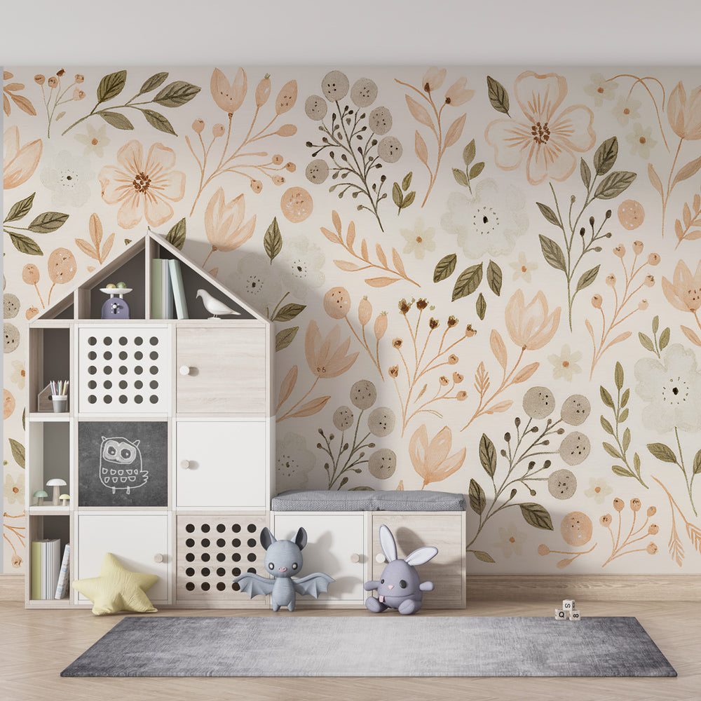 Delicate botanical mural wallpaper in children's bedroom with soft pink and green floral motifs