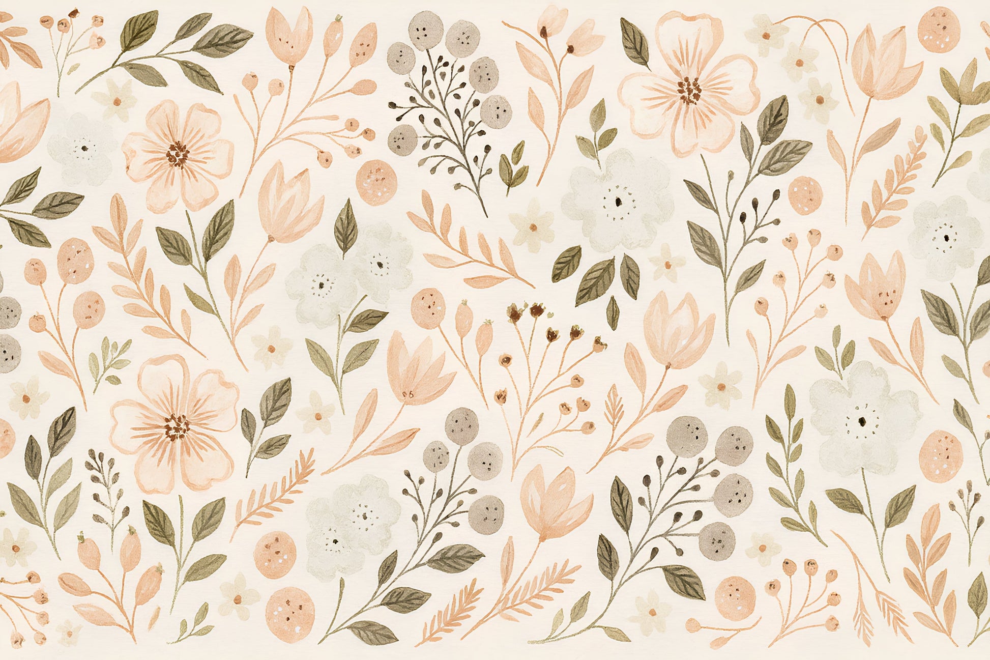 Detailed pastel floral mural wallpaper design pattern with delicate botanical motifs by Kids-Mundo