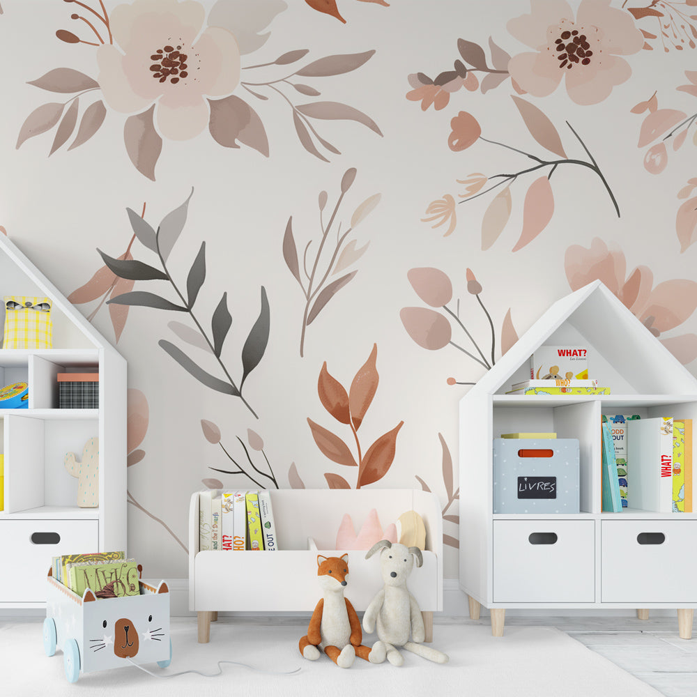 Elegant baby room decor with pastel floral mural wallpaper creating peaceful atmosphere