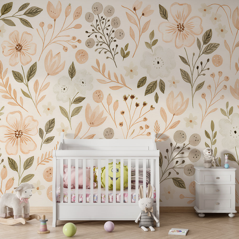 Garden-themed mural wallpaper for kids featuring gentle pastel flowers and leaves by Kids-Mundo