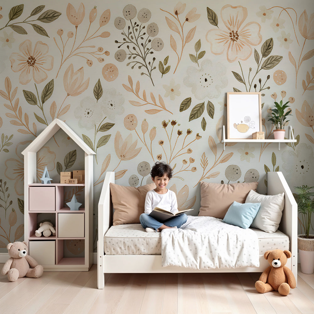 Pastel floral mural wallpaper creating serene nursery atmosphere with natural wood furniture by Kids-Mundo