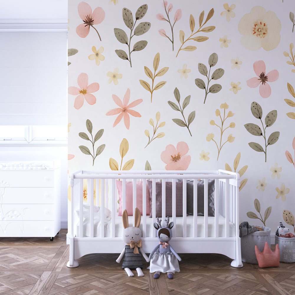Botanical mural wallpaper for children's playroom featuring delicate aquarelle flowers