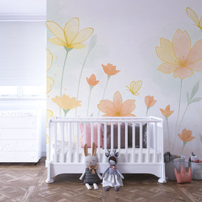Delicate floral mural wallpaper creating serene children's bedroom decor with butterflies