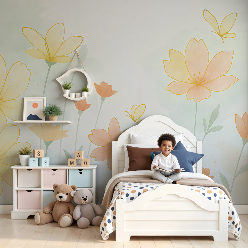 Pastel flowers and butterflies mural wallpaper in bright nursery room by Kids-Mundo