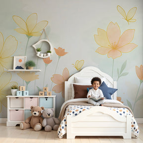Pastel flowers and butterflies mural wallpaper in bright nursery room by Kids-Mundo