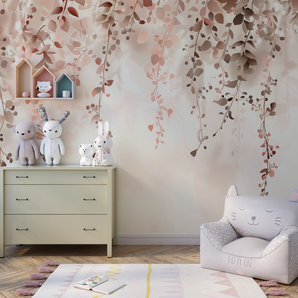 Soft pastel leaves mural wallpaper transforming nursery walls with calming natural design by Kids-Mundo