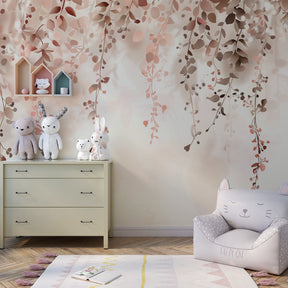 Soft pastel leaves mural wallpaper transforming nursery walls with calming natural design by Kids-Mundo