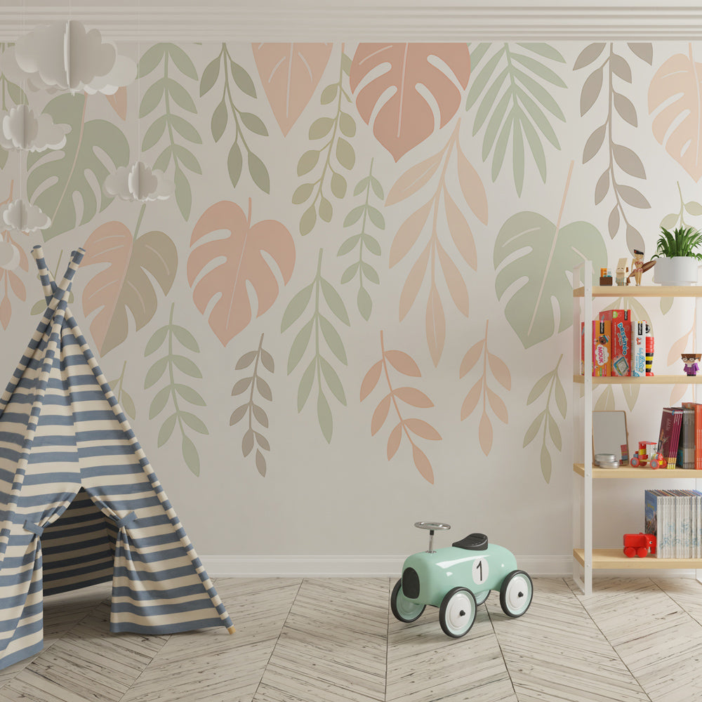 Nature-themed mural wallpaper with delicate leaves in peaceful kids playroom setting