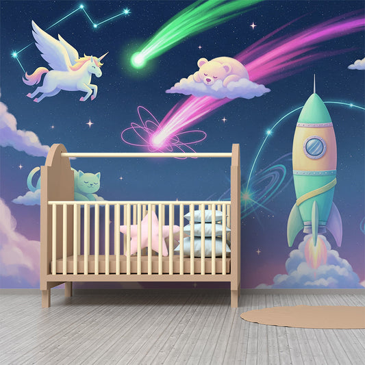 Kids-Mundo space unicorn wall mural featuring a rocket and pastel comets in a child's bedroom