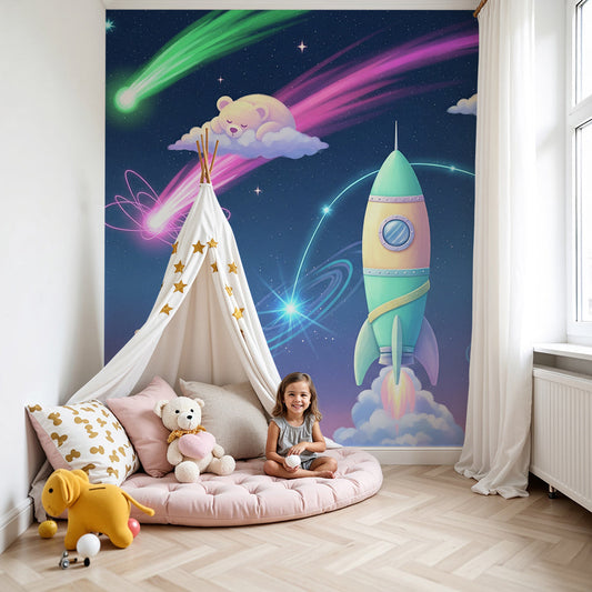 Kids-Mundo pastel space unicorn wall mural with rocket and sleepy animals in a baby nursery