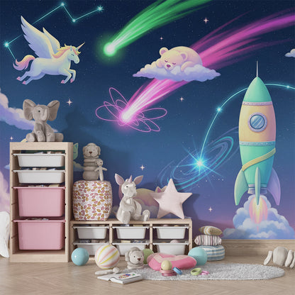 Kids-Mundo unicorn and rocket wall mural bringing a dreamy pastel galaxy scene to a playroom
