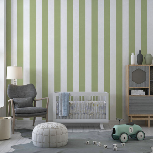 Kids-Mundo pastel green stripe wallpaper mural covering a feature wall in a tidy children's bedroom.