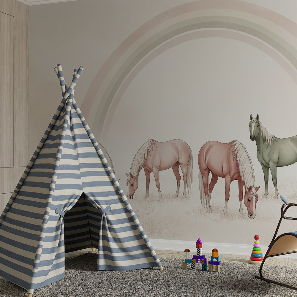 Kids-Mundo pastel horse wall mural bringing a dreamy rainbow feel to a girl's bedroom wall.