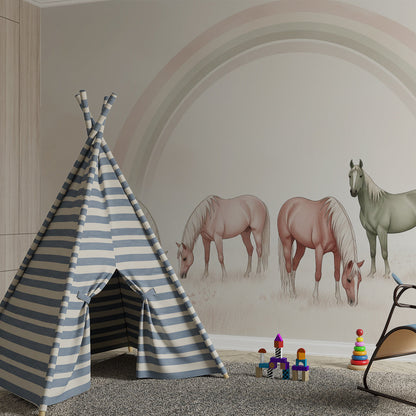 Kids-Mundo pastel horse wall mural bringing a dreamy rainbow feel to a girl's bedroom wall.