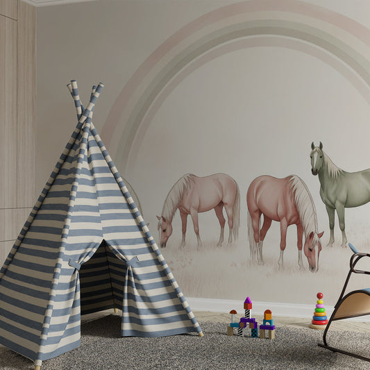 Kids-Mundo pastel horse wall mural bringing a dreamy rainbow feel to a girl's bedroom wall.
