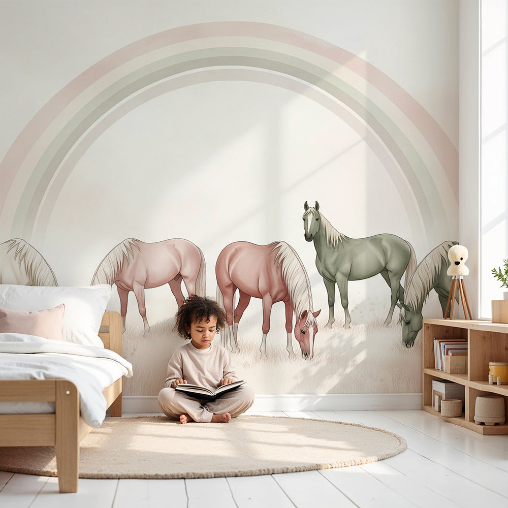 Kids-Mundo pastel horse wall mural styled in a calm nursery with soft rainbow tones above the cot.