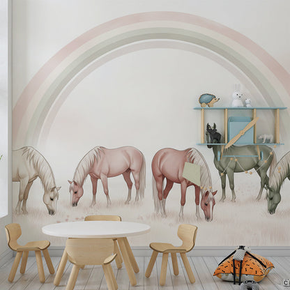 Kids-Mundo pastel horse wall mural adding gentle colour and charm to a children's playroom.