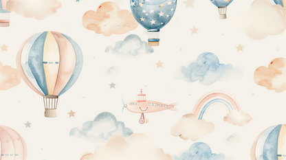 Kids-Mundo flat artwork preview of the pastel hot air balloons and clouds mural