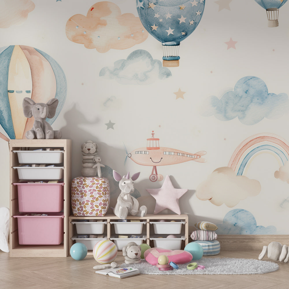 Kids-Mundo pastel sky balloon mural displayed in a cheerful kids' playroom