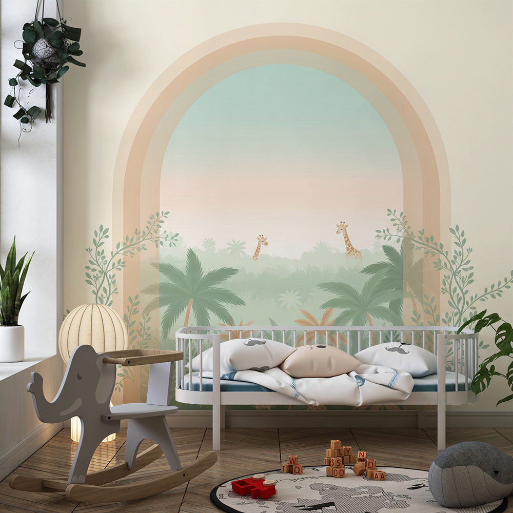 Kids-Mundo pastel jungle wall mural featuring a sunset archway in a dreamy kids bedroom wall
