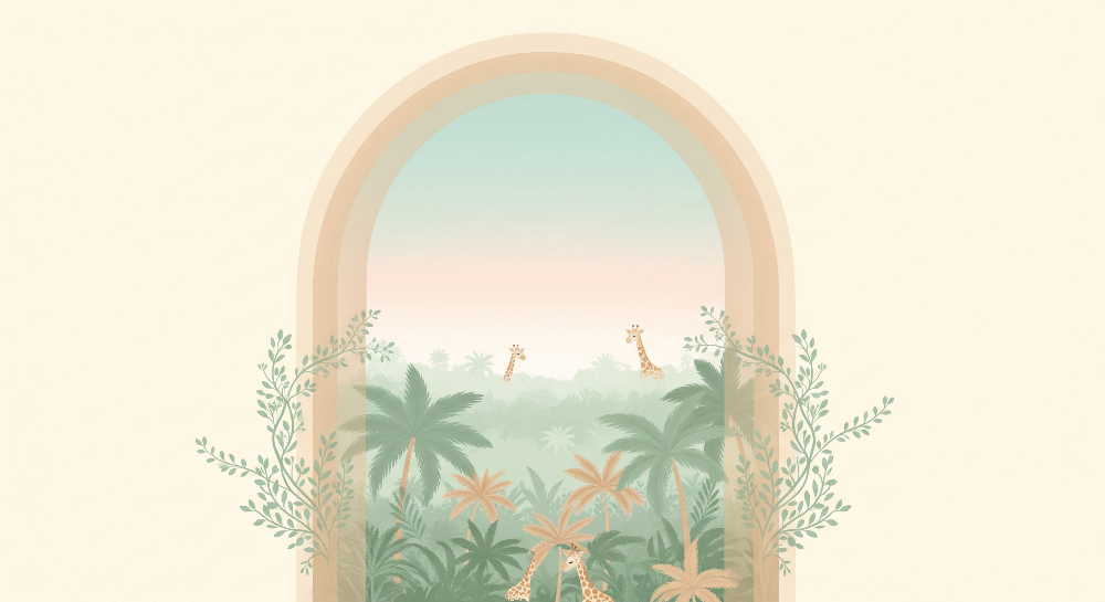 Kids-Mundo pastel jungle wall mural flat artwork showing a vine-framed arch with giraffes