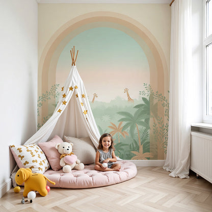 Kids-Mundo pastel jungle wall mural with vine archway and giraffes shown in a soft nursery room