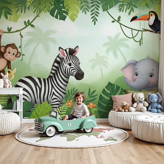 Kids-Mundo pastel jungle safari wall mural with monkey and zebra shown in a nursery room
